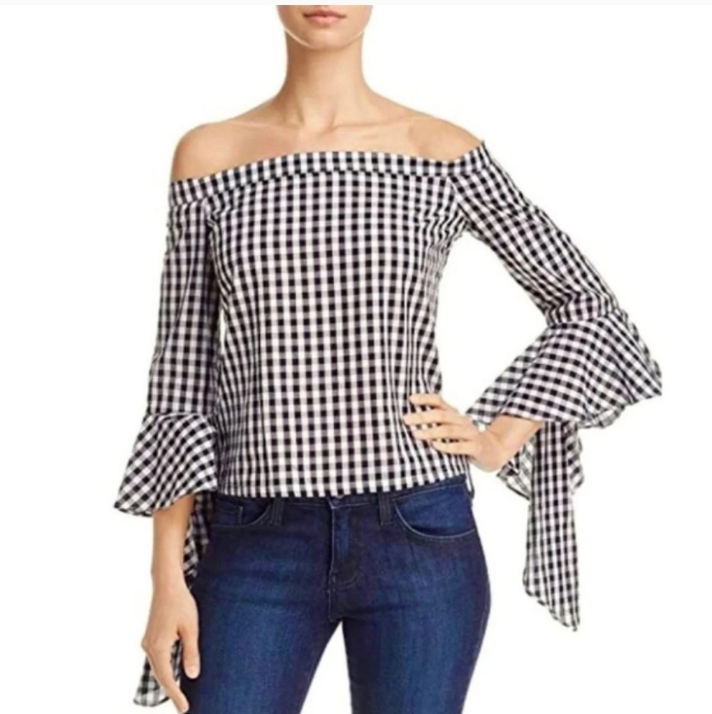 New! Do+Be Off Shoulder Gingham Plaid Ruffle 3/4 Quarter Sleeve Top XS